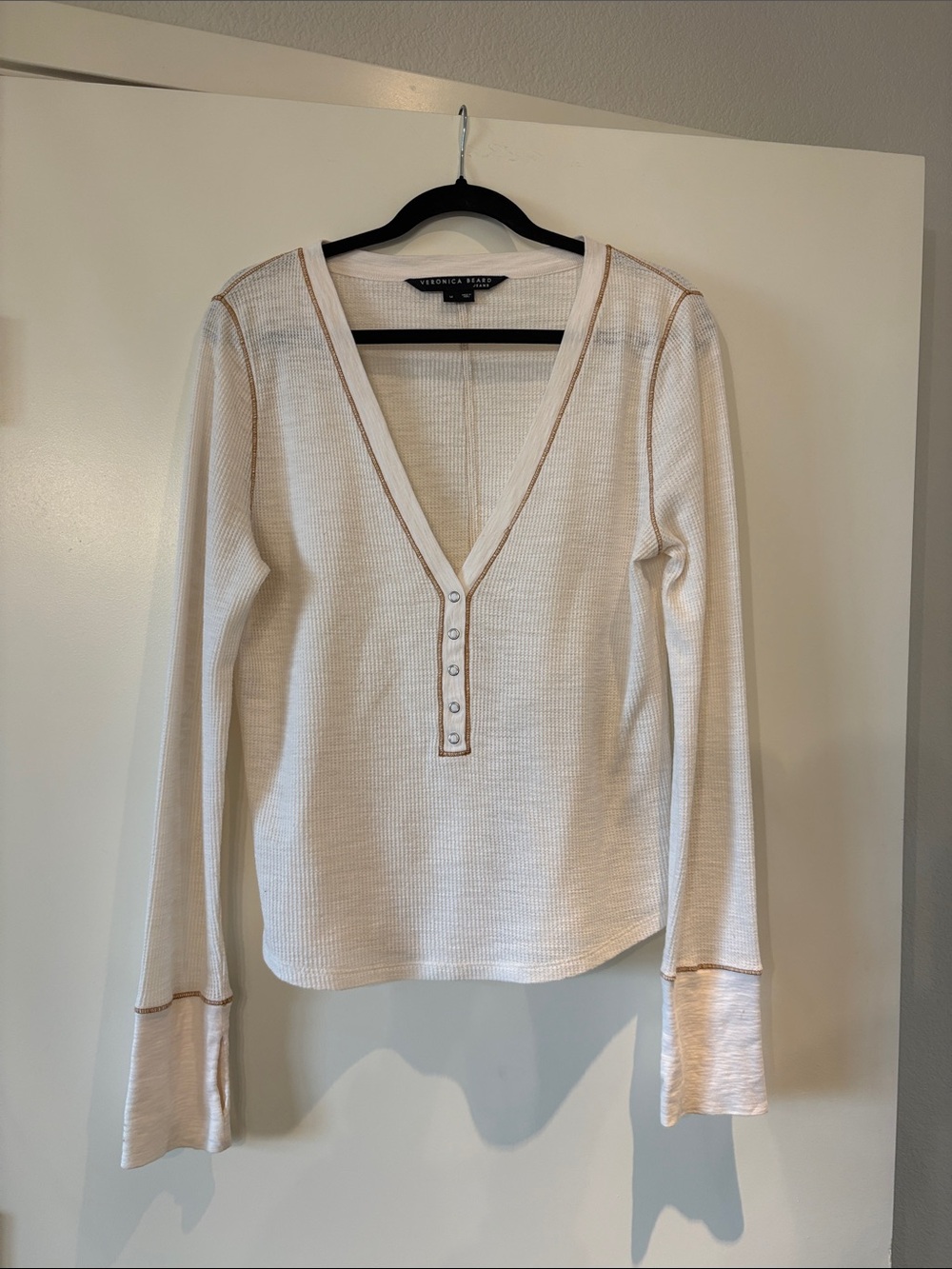 Veronica Beard Cream Ribbed Henley with Contrast Trim